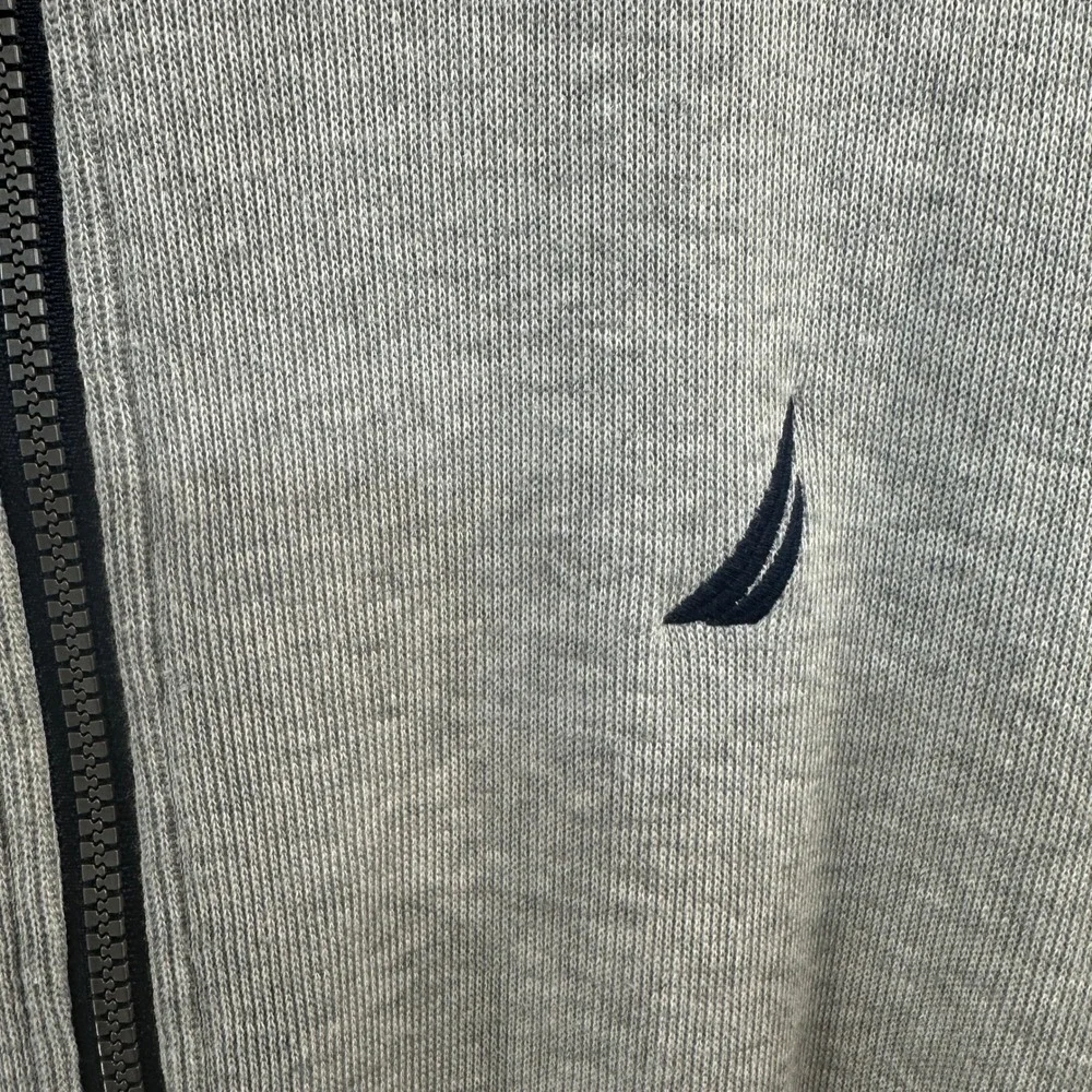 Nautica Mens Grey w/ Navy Full Zip Mock‎ Neck Knit Jacket Navy Accent Logo Large